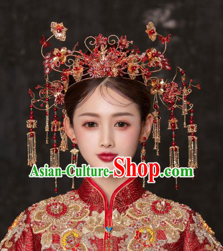 China Traditional Wedding Hair Accessories Bride Red Peacock Phoenix Coronet and Tassel Hairpins Full Set