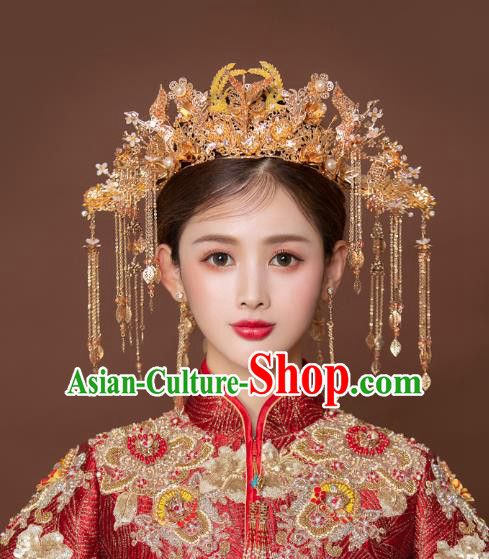 China Bride Golden Phoenix Coronet and Tassel Hairpins Traditional Wedding Hair Accessories Full Set