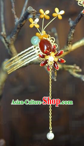 China Bride Agate Hairpin Hair Accessories Traditional Wedding Xiuhe Suit Golden Tassel Hair Comb