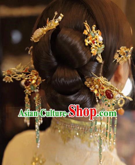 China Traditional Ancient Bride Hair Sticks and Tassel Hairpins Earrings Wedding Hair Accessories Full Set