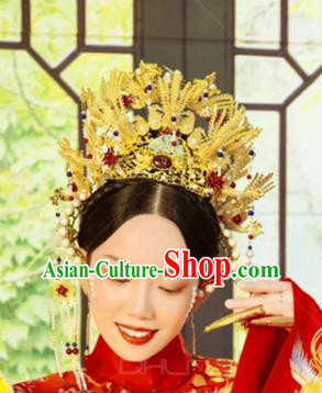 China Traditional Ancient Bride Phoenix Coronet and Tassel Hairpins Earrings Datang Tumbler Girl Wedding Hair Accessories Full Set