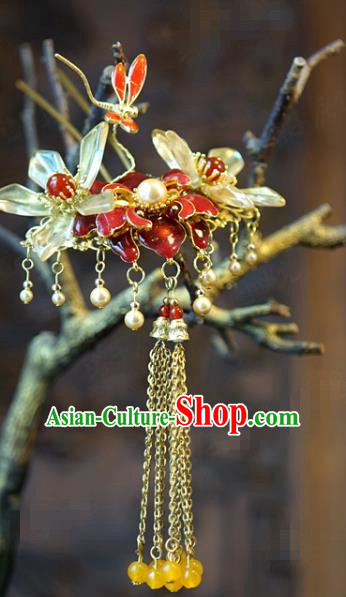 China Bride Dragonfly Peony Hair Stick Hair Accessories Traditional Wedding Xiuhe Suit Red Flower Tassel Hairpin