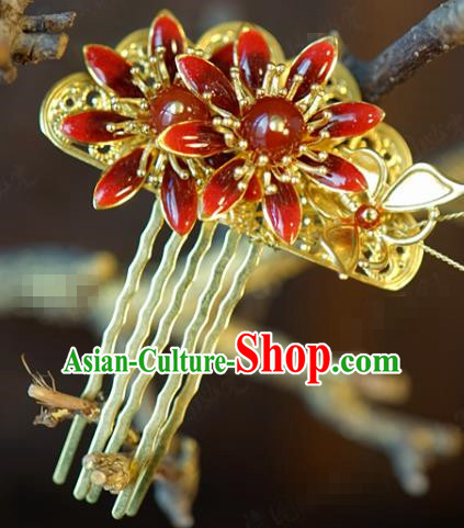 China Bride Butterfly Hair Stick Hair Accessories Traditional Wedding Xiuhe Suit Red Flower Hair Comb