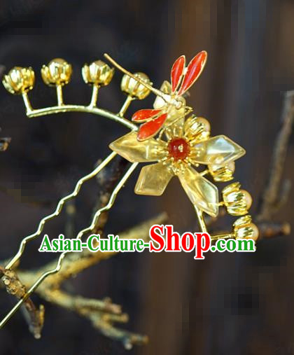 China Bride Nine Beads Dragonfly Hair Stick Hair Accessories Traditional Wedding Xiuhe Suit Golden Hairpin