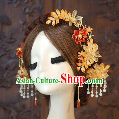 China Traditional Wedding Flowers Hair Sticks and Hair Comb Tassel Hairpins Earrings Ancient Bride Hair Accessories