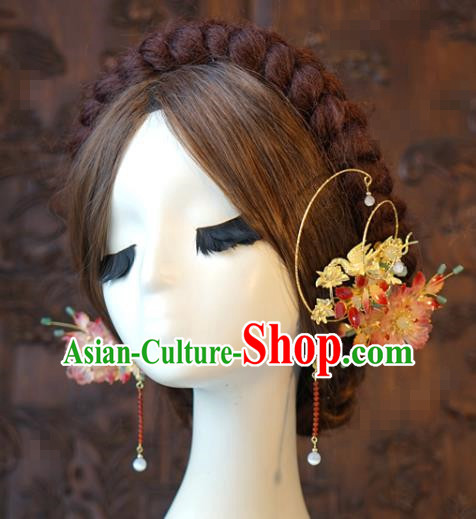 China Traditional Wedding Hair Crown and Tassel Hairpins Earrings Ancient Bride Hair Accessories