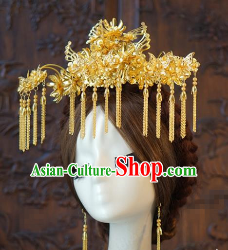 China Traditional Wedding Hair Accessories Ancient Bride Tassel Hairpins Golden Phoenix Coronet Full Set