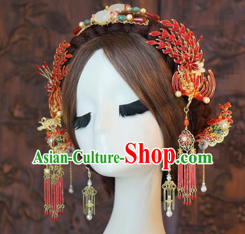 China Ancient Bride Jade Hair Comb Phoenix Hairpins Traditional Wedding Hair Accessories Full Set