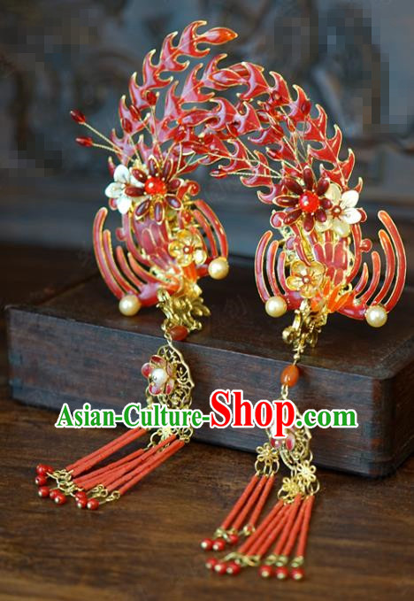 China Traditional Red Beads Tassel Hair Stick Wedding Xiuhe Suit Hair Accessories Bride Phoenix Hairpin