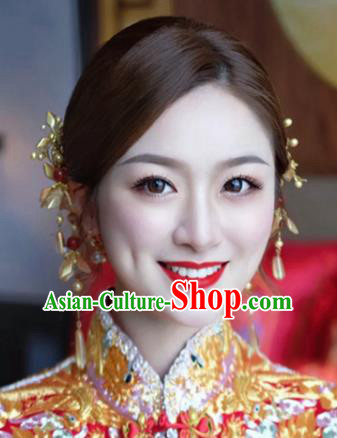 China Traditional Golden Flowers Hair Crown Wedding Xiuhe Suit Hair Accessories Bride Hair Clasp