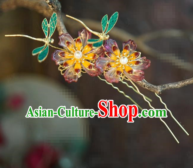 China Traditional Flower Hair Sticks Wedding Xiuhe Suit Hair Accessories Bride Blueing Dragonfly Hairpins