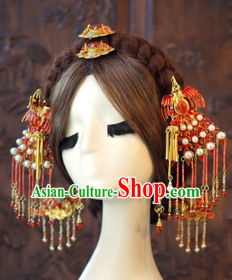 China Traditional Wedding Red Phoenix Hair Accessories Ancient Bride Tassel Hairpins and Earrings Hair Sticks Full Set