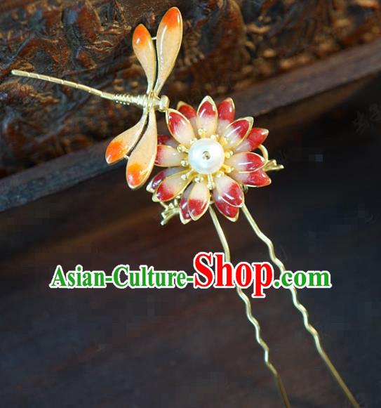 China Traditional Bride Hairpin Xiuhe Suit Hair Accessories Wedding Enamel Dragonfly Flower Hair Stick