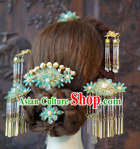 China Ancient Bride Blue Flower Hair Comb and Tassel Hairpins and Earrings Traditional Wedding Hair Accessories Complete Set