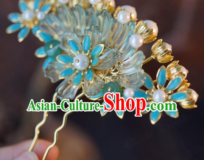 China Traditional Bride Blue Flowers Hairpin Xiuhe Suit Hair Accessories Wedding Hair Comb