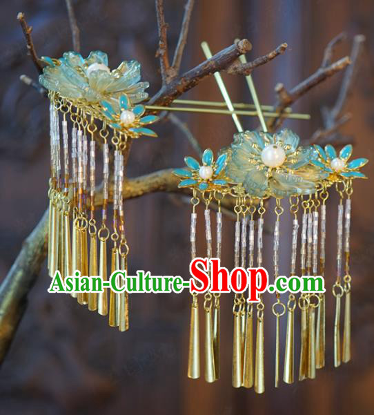 China Traditional Bride Tassel Hairpin Xiuhe Suit Hair Accessories Wedding Blue Flowers Hair Sticks