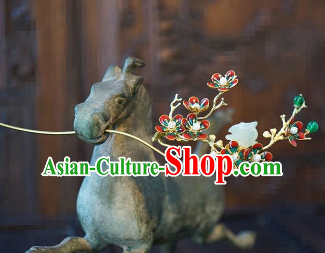 China Traditional Bride Enamel Red Plum Hairpin Xiuhe Suit Hair Accessories Wedding Jade Rabbit Hair Stick