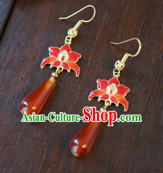 Top Grade Traditional Red Lotus Ear Accessories China Ancient Court Empress Earrings Jewelry