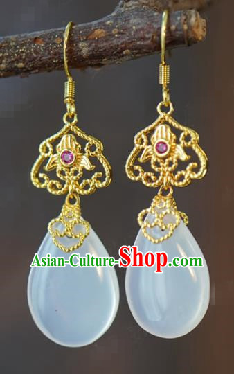 Top Grade Traditional Ear Accessories China Ancient Ming Dynasty Court Empress White Chalcedony Earrings Jewelry