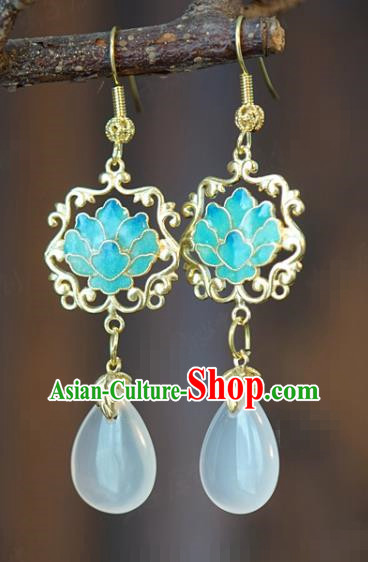 Top Grade Traditional White Chalcedony Ear Accessories China Ancient Ming Dynasty Court Empress Blueing Lotus Earrings Jewelry