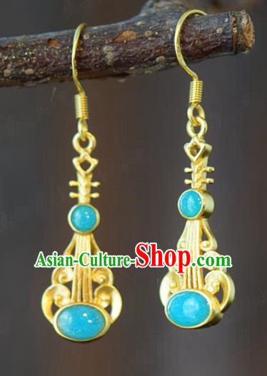 Top Grade Traditional China Ancient Court Woman Earrings Qing Dynasty Golden Lute Ear Jewelry Accessories