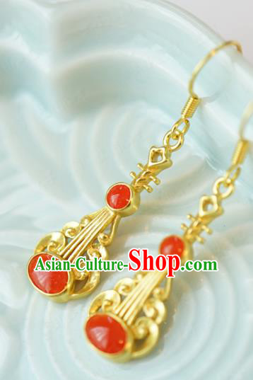 Top Grade Traditional China Qing Dynasty Golden Lute Ear Jewelry Accessories Ancient Red Gems Earrings