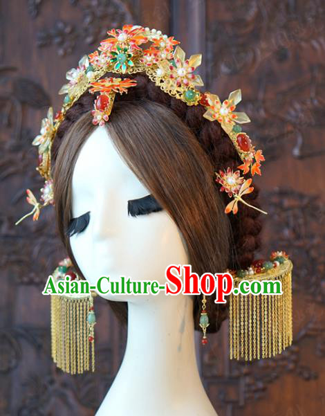 China Ancient Bride Enamel Hair Crown and Tassel Hairpins and Earrings Traditional Wedding Hair Accessories Full Set