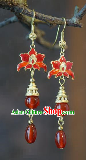 Top Grade Ancient Queen Red Beads Earrings China Hanfu Accessories Qing Dynasty Court Cloisonne Lotus Ear Jewelry