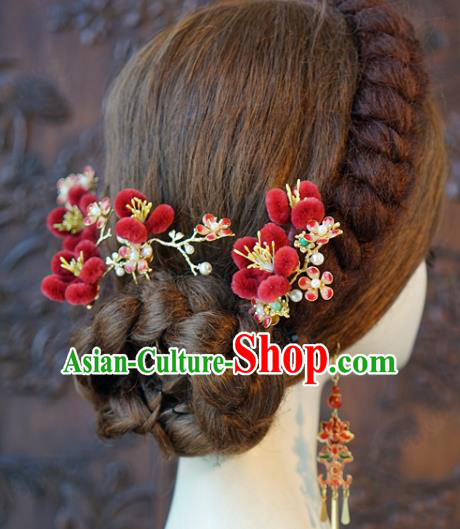 China Ancient Queen Red Velvet Plum Hairpins Traditional Qing Dynasty Bride Wedding Hair Accessories Hair Sticks Complete Set