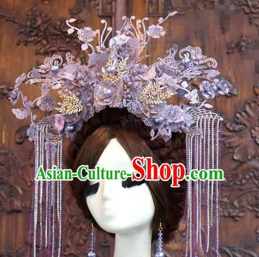 China Ancient Queen Purple Phoenix Coronet Traditional Bride Wedding Hair Accessories Tassel Hair Crown Complete Set