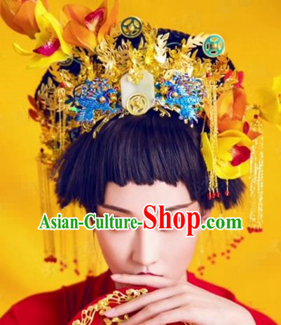 China Traditional Qing Dynasty Court Hair Accessories Ancient Queen Phoenix Coronet Jade Hat Complete Set