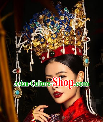 China Traditional Ming Dynasty Empress Blueing Hair Accessories Ancient Court Queen Tassel Phoenix Coronet Complete Set