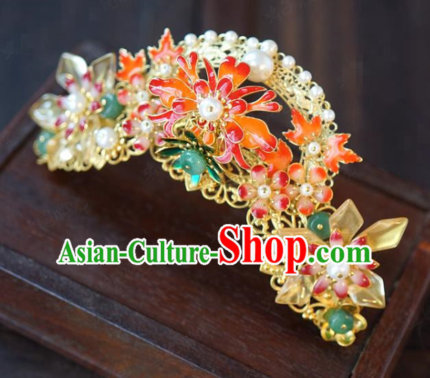 China Traditional Bride Enamel Flower Hair Crown Xiuhe Suit Hair Accessories Wedding Hair Comb