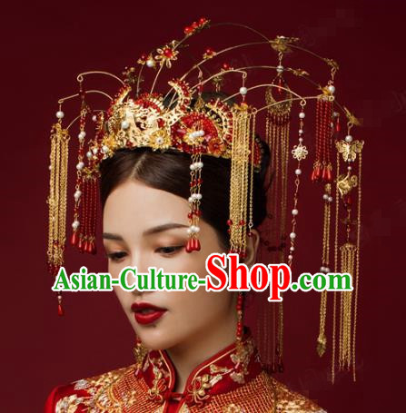 China Traditional Red Tassel Phoenix Coronet Wedding Hairpins Earrings Ancient Bride Hair Accessories