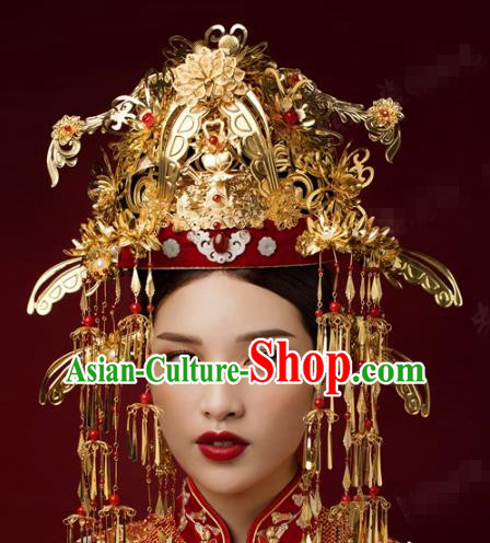 China Traditional Court Golden Phoenix Coronet Ancient Bride Deluxe Hair Accessories Song Dynasty Wedding Hairpins Earrings Full Set