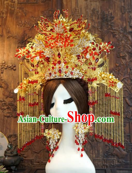 China Traditional Ancient Bride Golden Tassel Hair Crown Wedding Hair Accessories Deluxe Phoenix Coronet and Hairpins Earrings Full Set