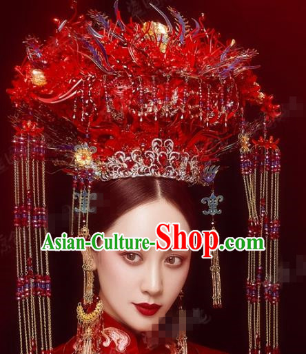 China Traditional Ancient Bride Hair Crown and Hairpins Earrings Wedding Hair Accessories Deluxe Red Phoenix Coronet Full Set