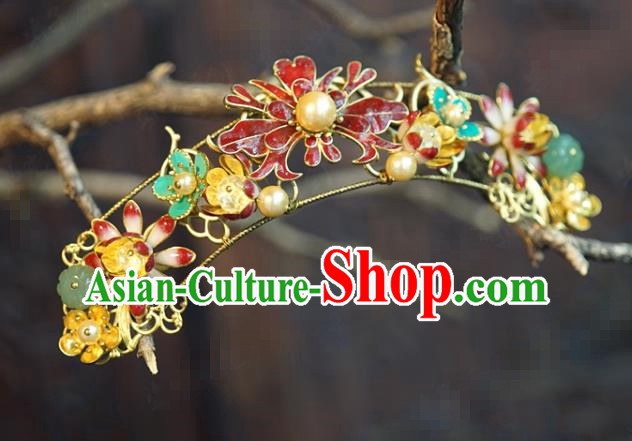 China Wedding Cloisonne Red Peony Hair Crown Traditional Xiuhe Suit Hair Accessories Ancient Bride Flowers Hair Stick