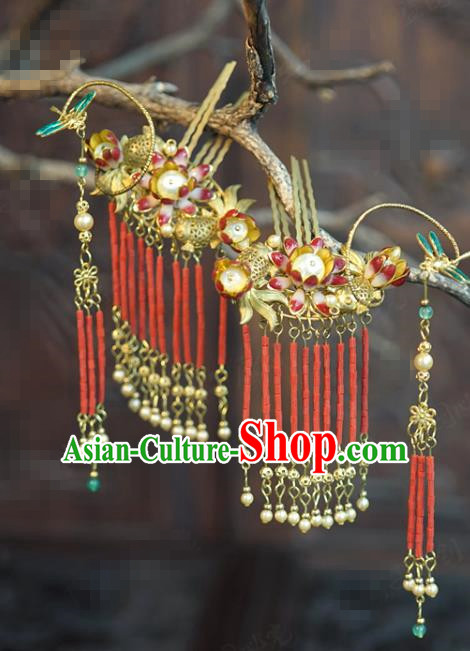 China Wedding Goldfish Lotus Hair Combs Traditional Xiuhe Suit Hair Accessories Ancient Bride Red Beads Tassel Hair Sticks