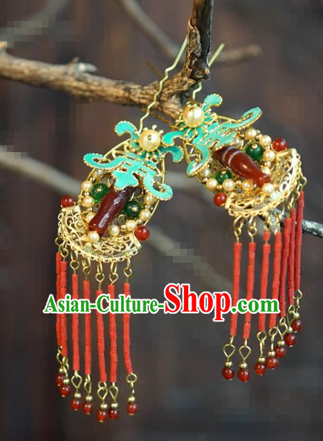 China Ancient Bride Red Beads Tassel Hair Stick Wedding Agate Hairpin Traditional Xiuhe Suit Hair Accessories