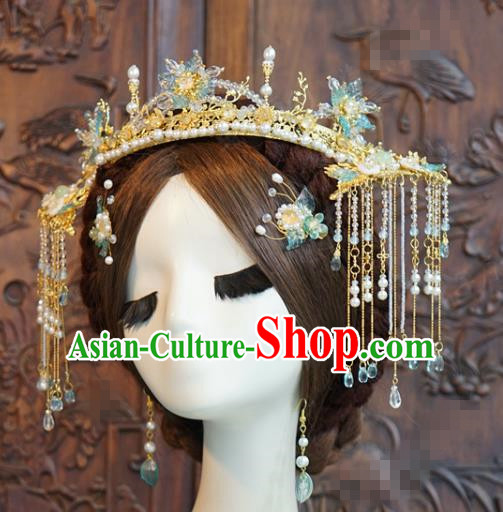 China Traditional Wedding Golden Hair Crown and Tassel Hairpins Ancient Bride Hair Accessories and Earrings Full Set