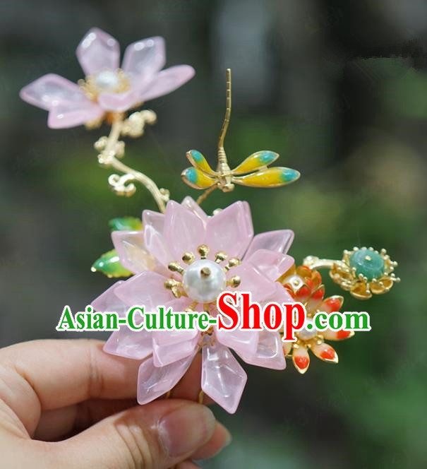 China Ancient Bride Pink Lotus Dragonfly Hair Stick Traditional Xiuhe Suit Hair Accessories Wedding Hairpin