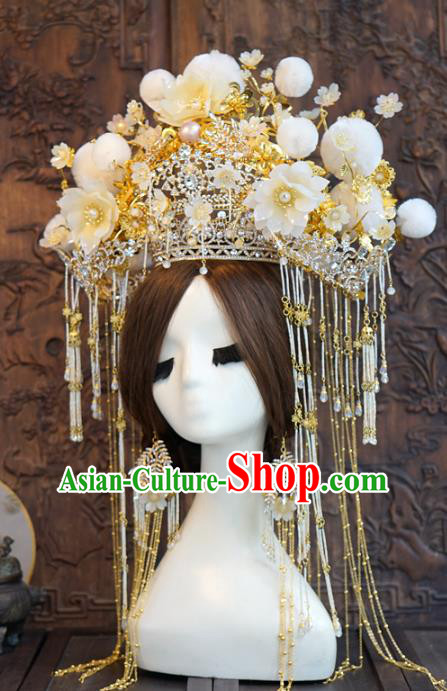 China Traditional Wedding White Silk Flowers Phoenix Coronet Hair Accessories Ancient Bride Deluxe Hair Crown and Earrings Complete Set