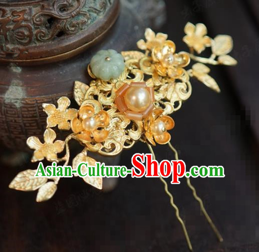 China Ancient Qing Dynasty Jade Hair Stick Traditional Xiuhe Suit Hair Accessories Wedding Bride Golden Hairpin