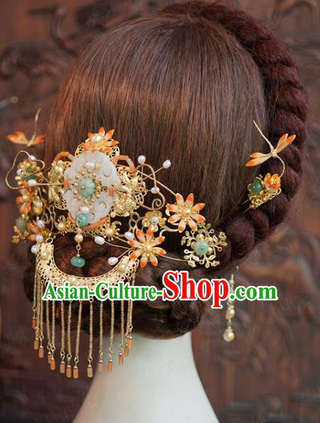 China Traditional Wedding Jade Hair Crown and Hairpins Ancient Bride Hair Accessories and Earrings Full Set