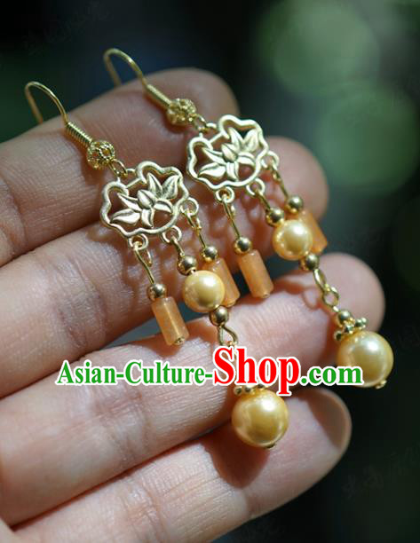Top Grade Golden Carving Lotus Ear Jewelry China Traditional Qing Dynasty Empress Accessories Ancient Bride Ceregat Earrings
