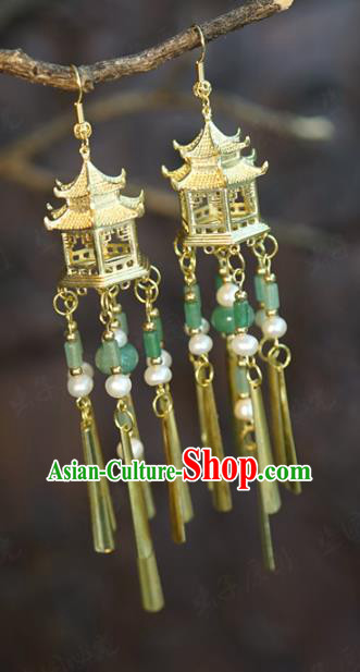 Top Grade Golden Palace Ear Jewelry China Traditional Qing Dynasty Empress Accessories Ancient Bride Jade Tassel Earrings