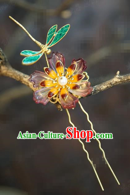 China Ancient Traditional Xiuhe Suit Hair Accessories Wedding Bride Flower Hairpin Qing Dynasty Blueing Dragonfly Hair Stick