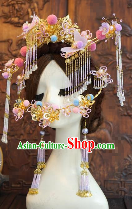 China Wedding Phoenix Coronet Traditional Hair Accessories Ancient Bride Deluxe Golden Hair Crown and Hairpins and Earrings