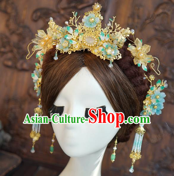 China Traditional Green Flowers Hair Crown and Tassel Hairpins Ancient Wedding Bride Hair Accessories